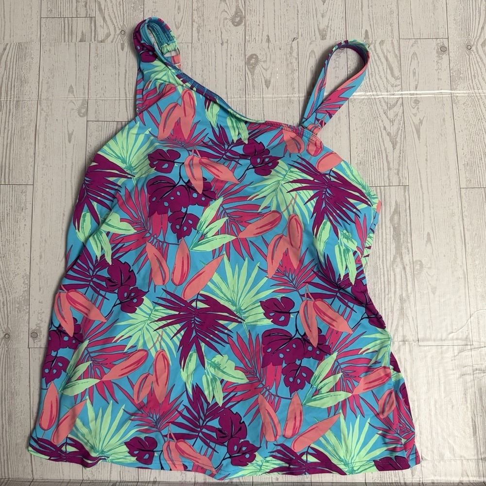 Lands End One-shoulder Swim Top Size 10 Detachable 2nd Strap Hawaiian Print Teal